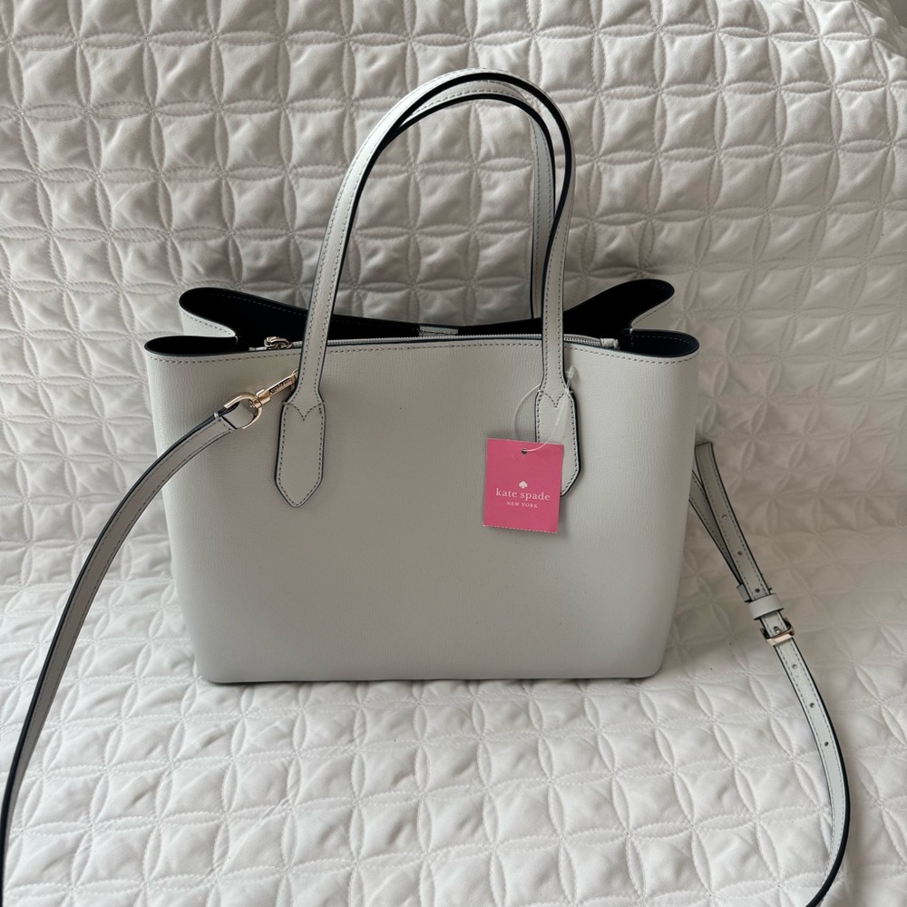 NWT Kate Spade Harper Satchel Bag in Moonlight Gray Leather Navy Interior. - Picture 9 of 16